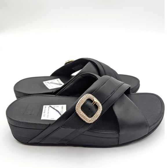 FitFlop LULU Crystal Buckle Leather Cross Slides Sandals Black Size US9 EU41 - Picture 3 of 15